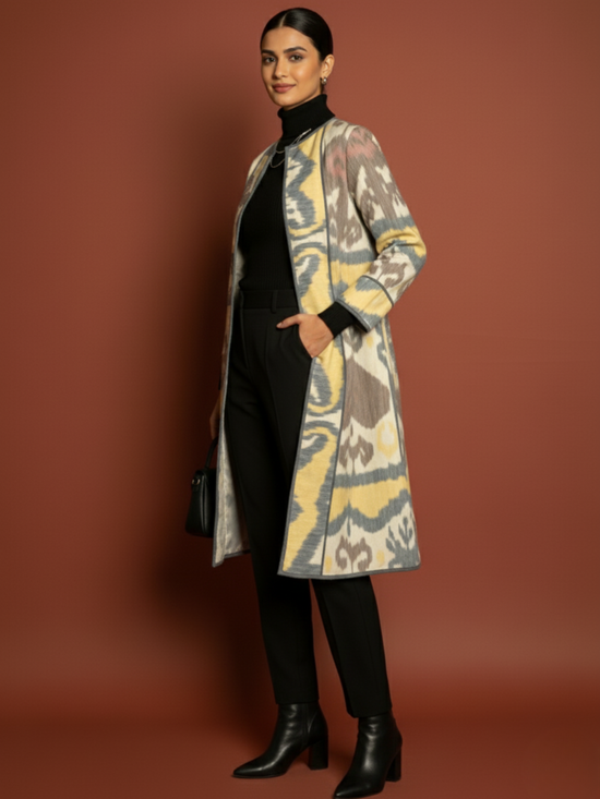 Blue Colour Thick Cotton Wool Round Neck Ikat Chambray Print Long Jacket For Women's