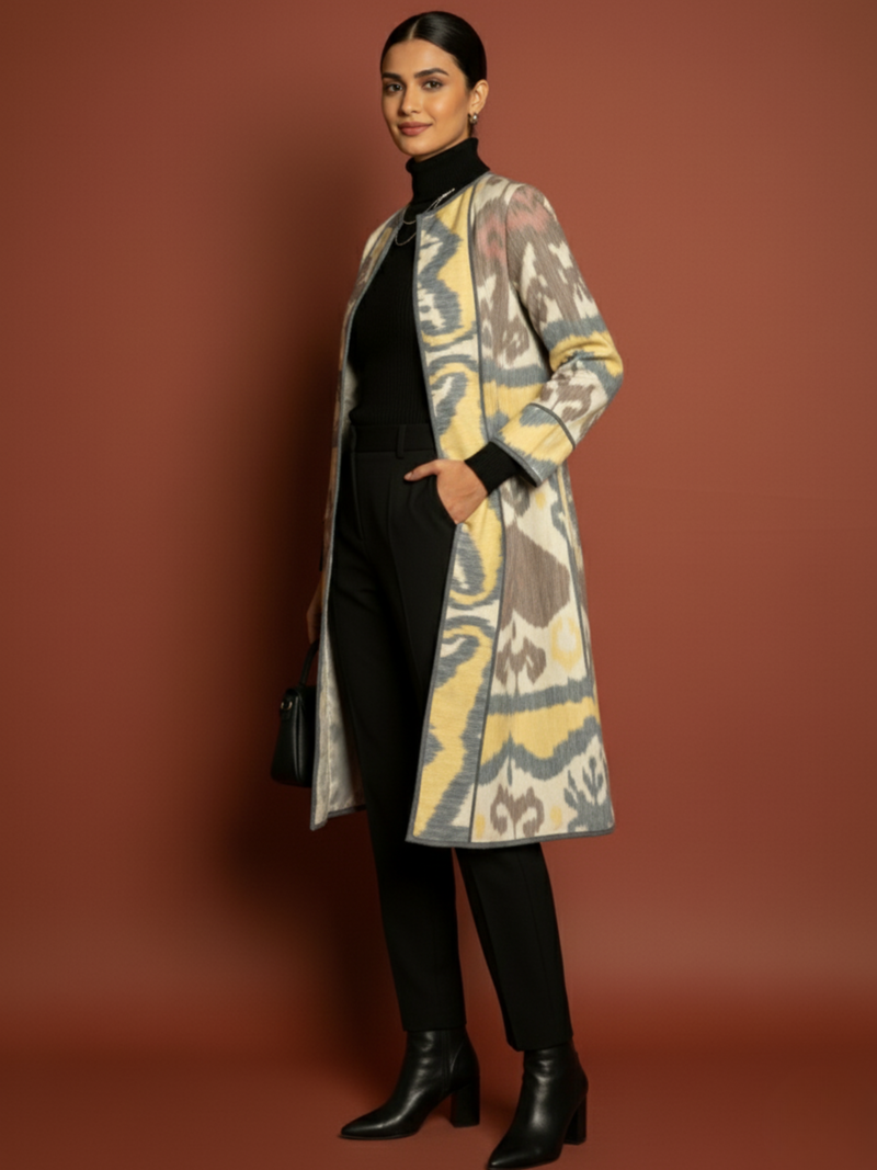 Blue Colour Thick Cotton Wool Round Neck Ikat Chambray Print Long Jacket For Women's