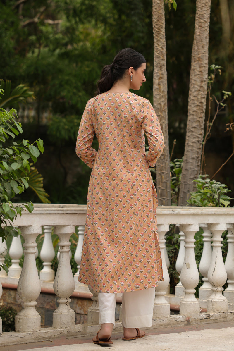 Yellow Cotton Printed Straight Kurta For Women's