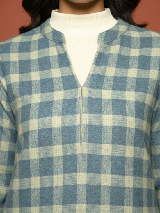 Sage Blue Woolen Checkered Kurta