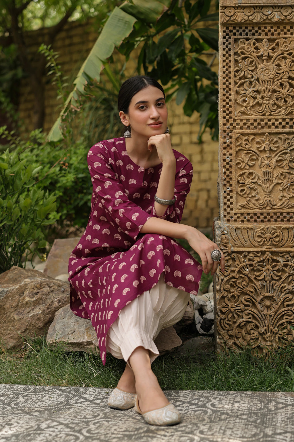 Wine Cotton Round Neck Straight Kurta For Women's