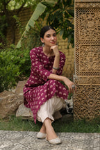 Wine Cotton Round Neck Straight Kurta For Women's