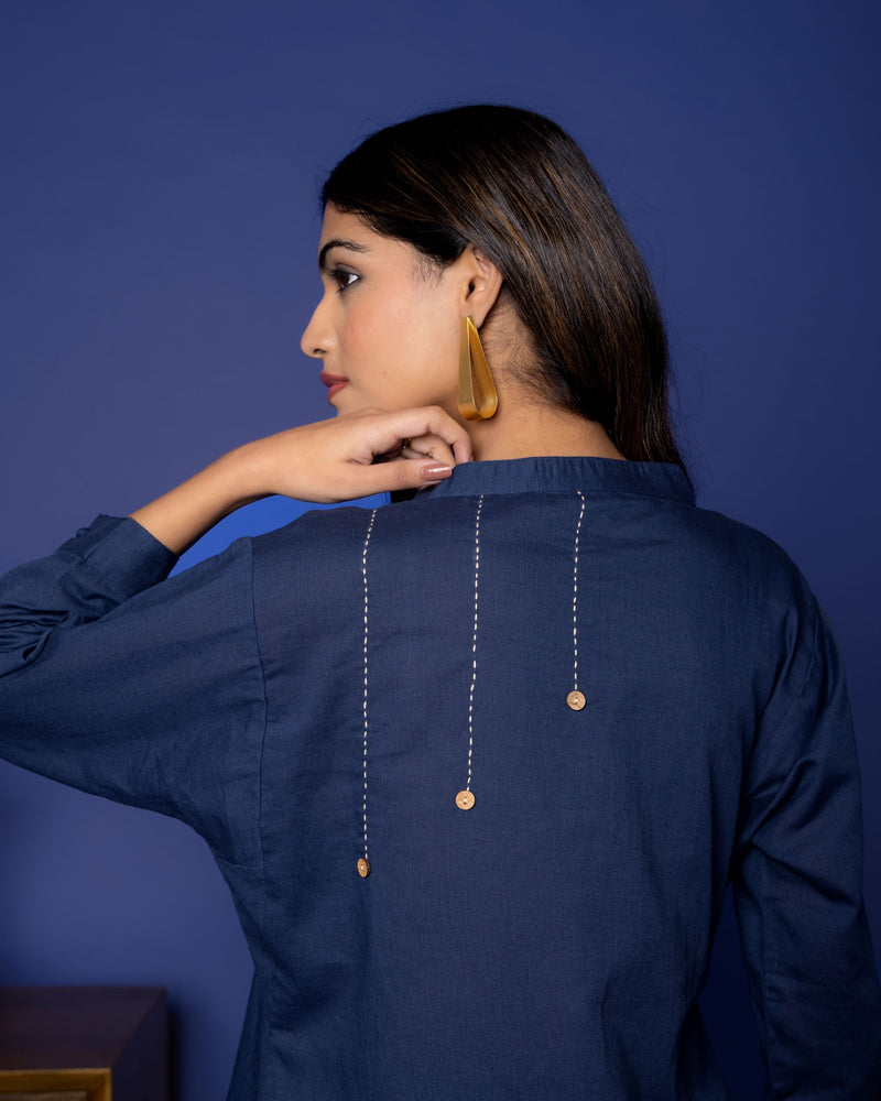 INDIGO BLUE COTTON LINEN COLLAR NECK KATHA WORK ON BACK SIDE KURTA PANT SET