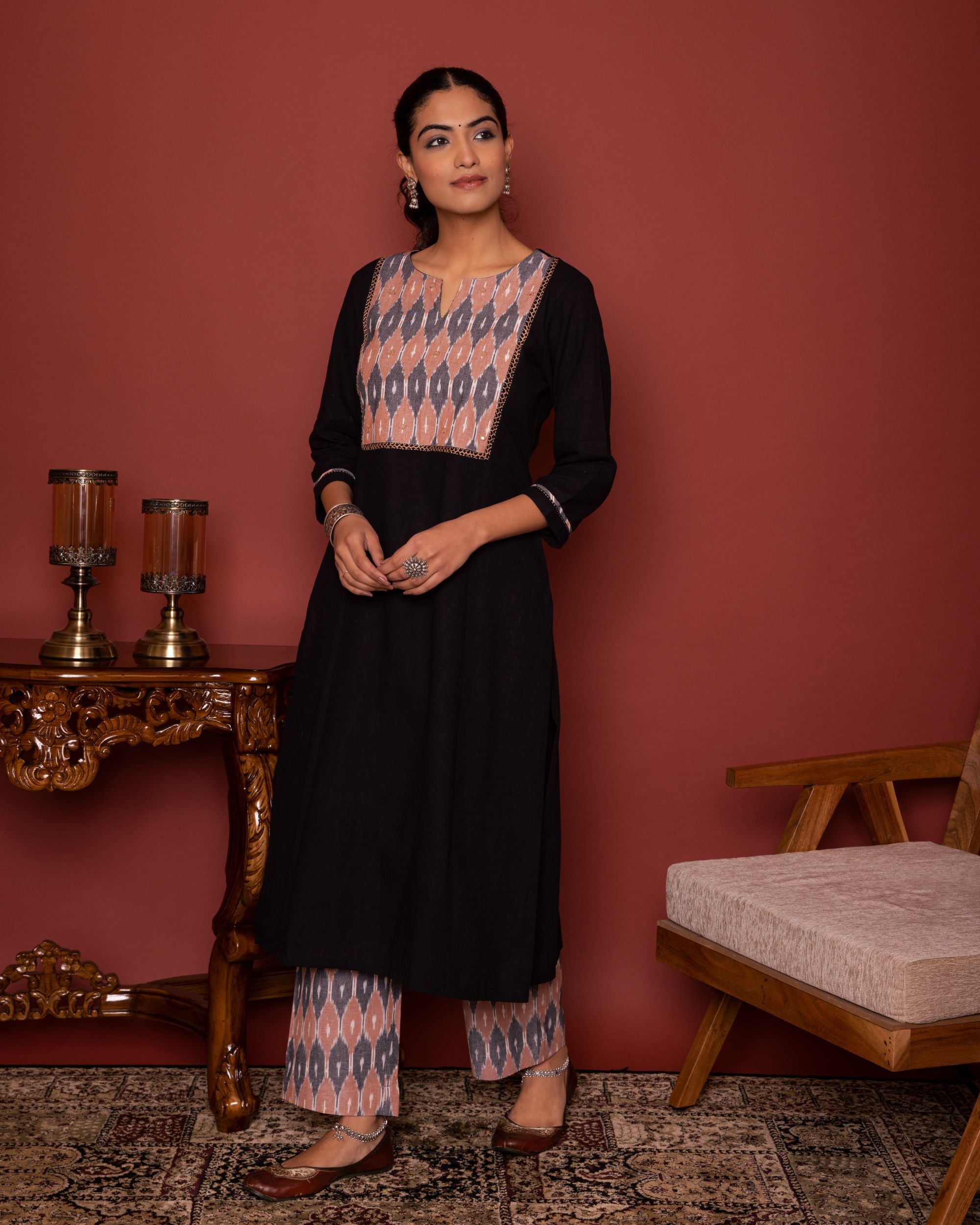 BLACK KURTA-COTTON FLAX PANT-IKKAT ROUND NECK MIRROR WORK WITH KATHA KURTA PANT SET