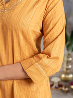 MUSTERD COTTON DOBBY V NECK BEADS WORK WITH GOTA KURTA PANT SET