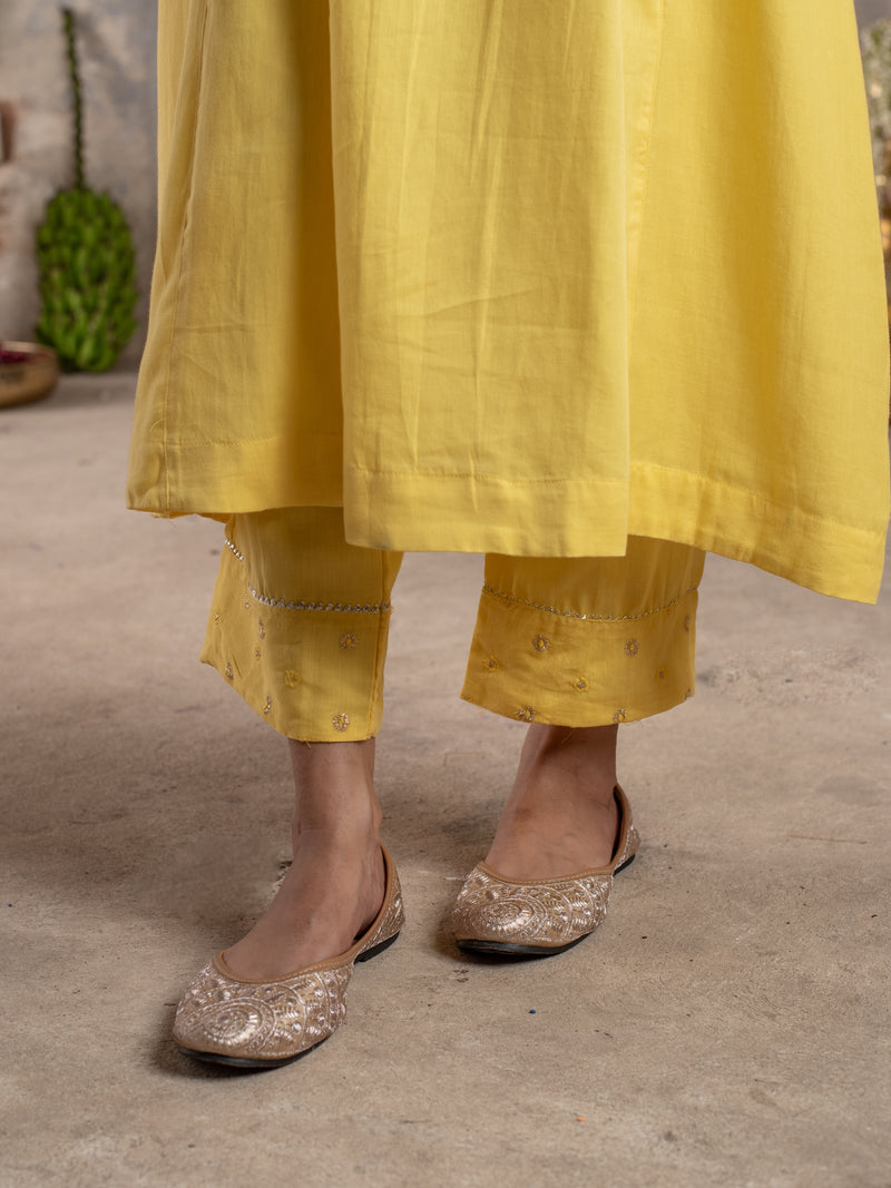 Yellow Jam Cotton Collar Neck Kurta Pant Set For Women's