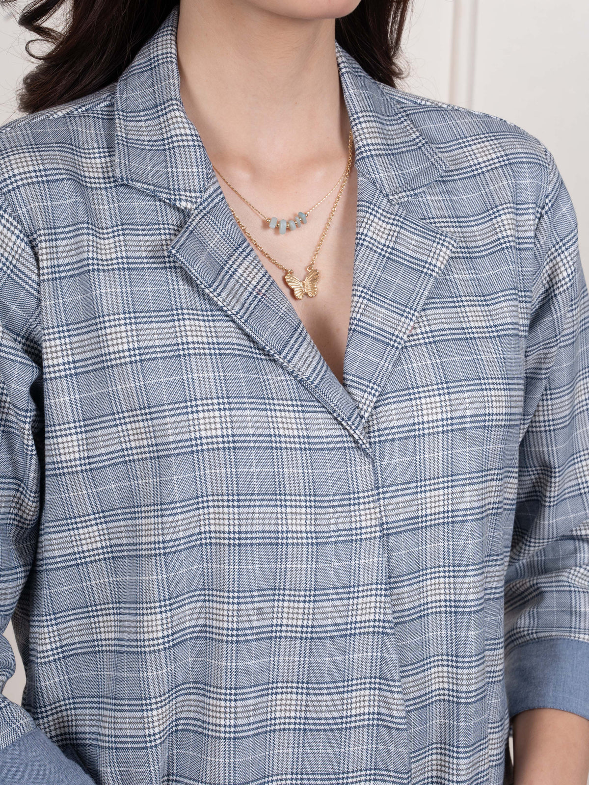 Minor Blue Colour Collar Neck Large Checks Woolen Dress For Women's