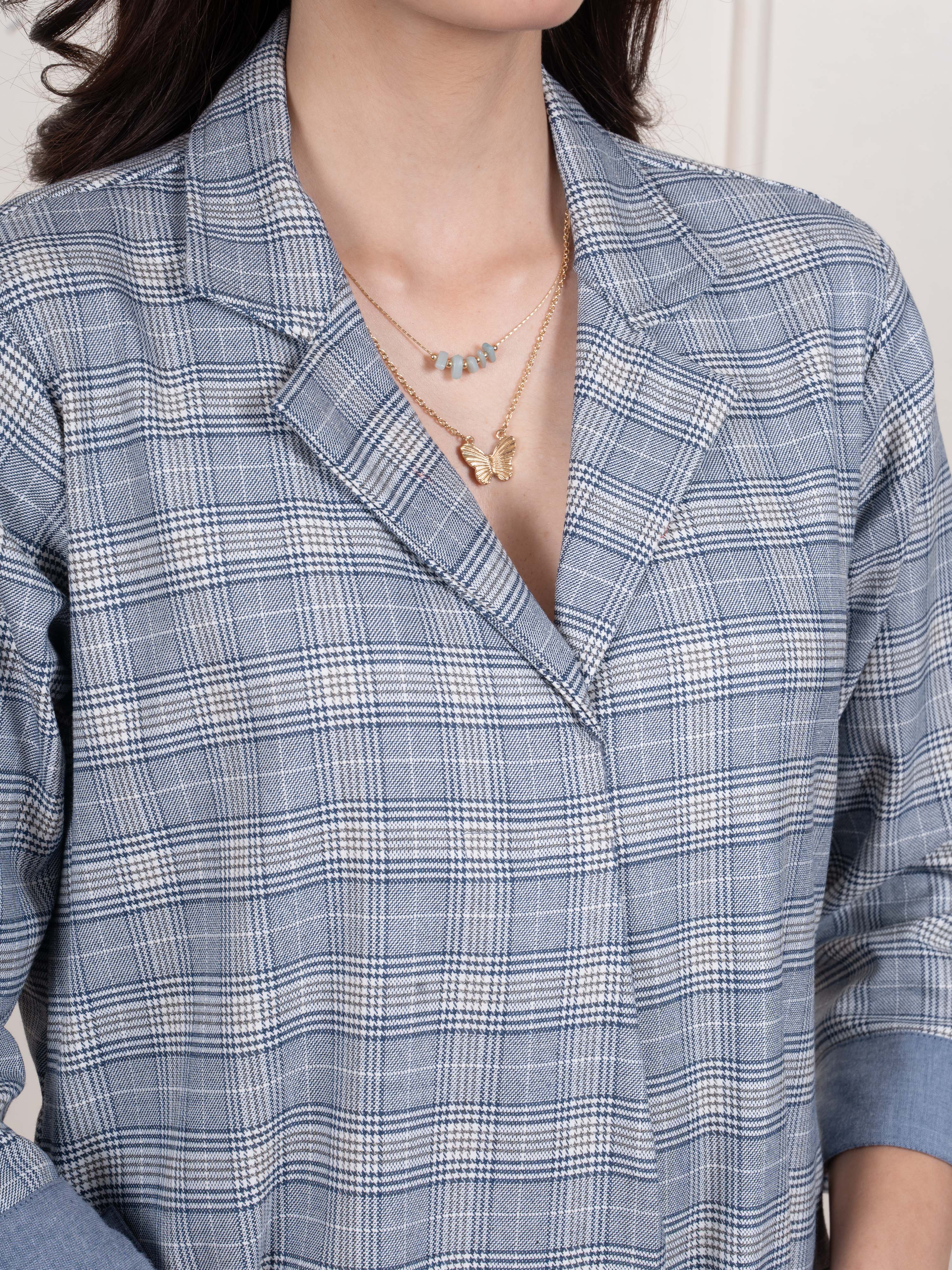 Minor Blue Colour Collar Neck Large Checks Woolen Dress For Women's