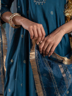 BLUE CHANDERI V NECK  ALL OVER WITH LACE AD KHADI WORK DUPATTA FULL SET