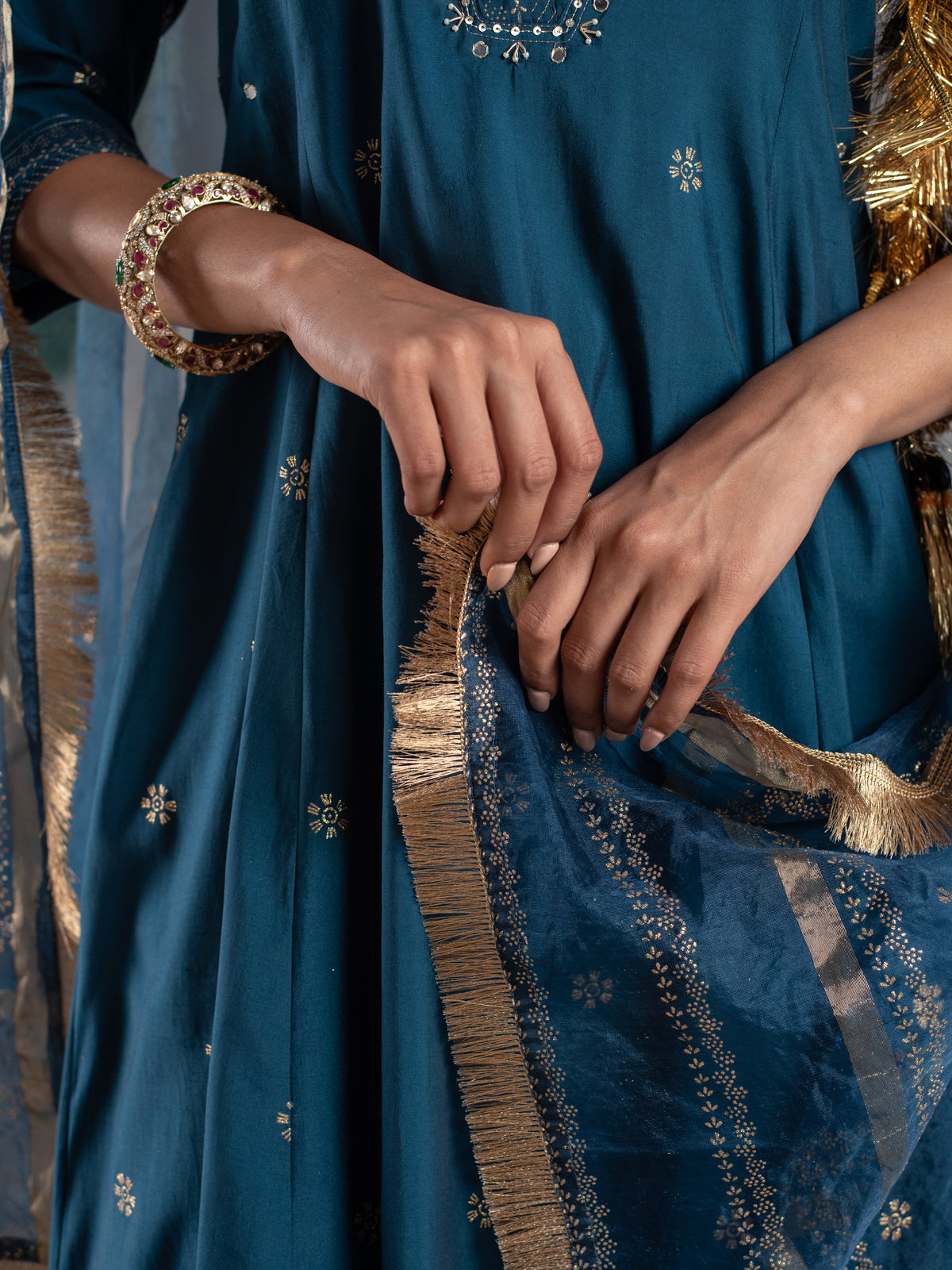 BLUE CHANDERI V NECK  ALL OVER WITH LACE AD KHADI WORK DUPATTA FULL SET