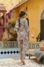Green With Multicolored Cotton Collar Neck Handblock Co-Ord Set For Women's