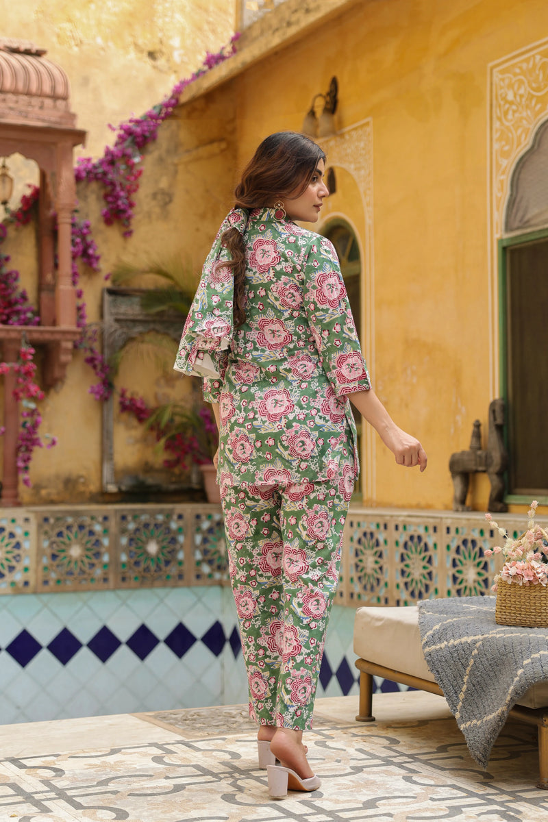 Green With Multicolored Cotton Collar Neck Handblock Co-Ord Set For Women's