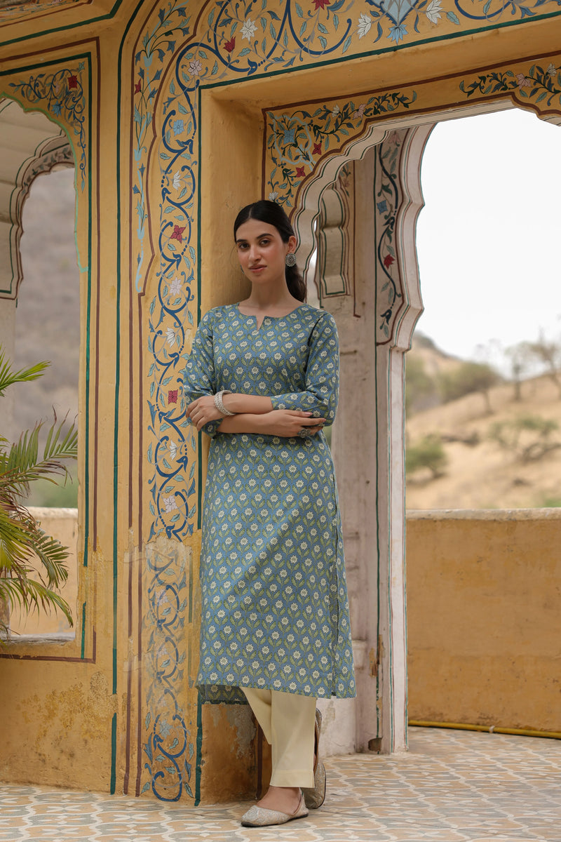 Grey with Green Floral Printed Kurta For Women's