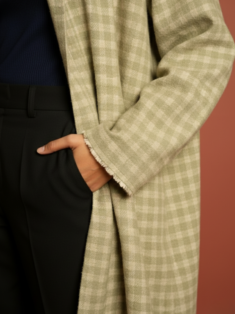 Light Green Colour Merino Wool Collar Checkered Print Long Jacket For Women's