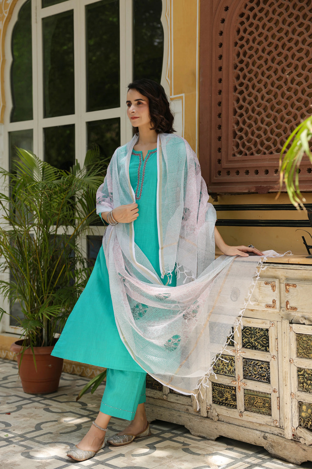 Rama Green Cotton Slub Complete Suit Set For Women's