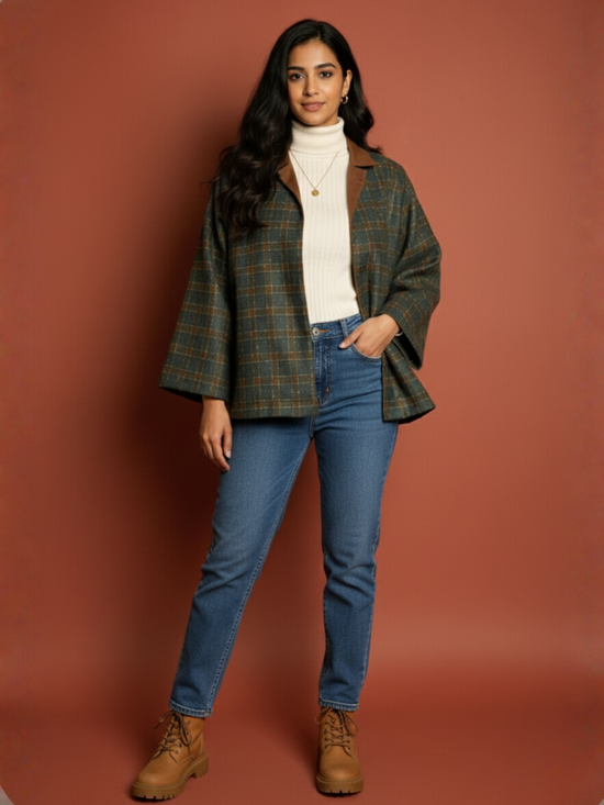 Green Colour Merino Wool Collar Neck Checkered Print Short Jacket For Women's