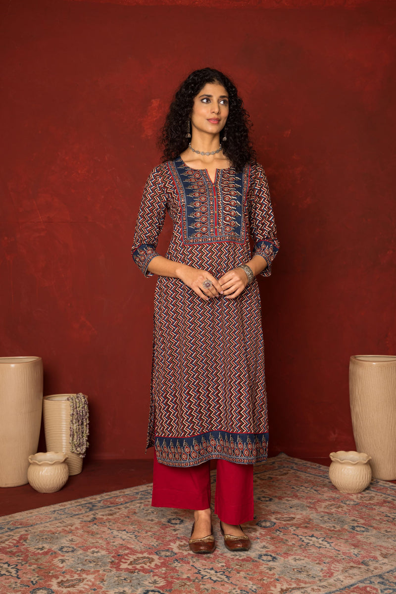 Indigo & Maroon Cotton Modal Kurta For Women's