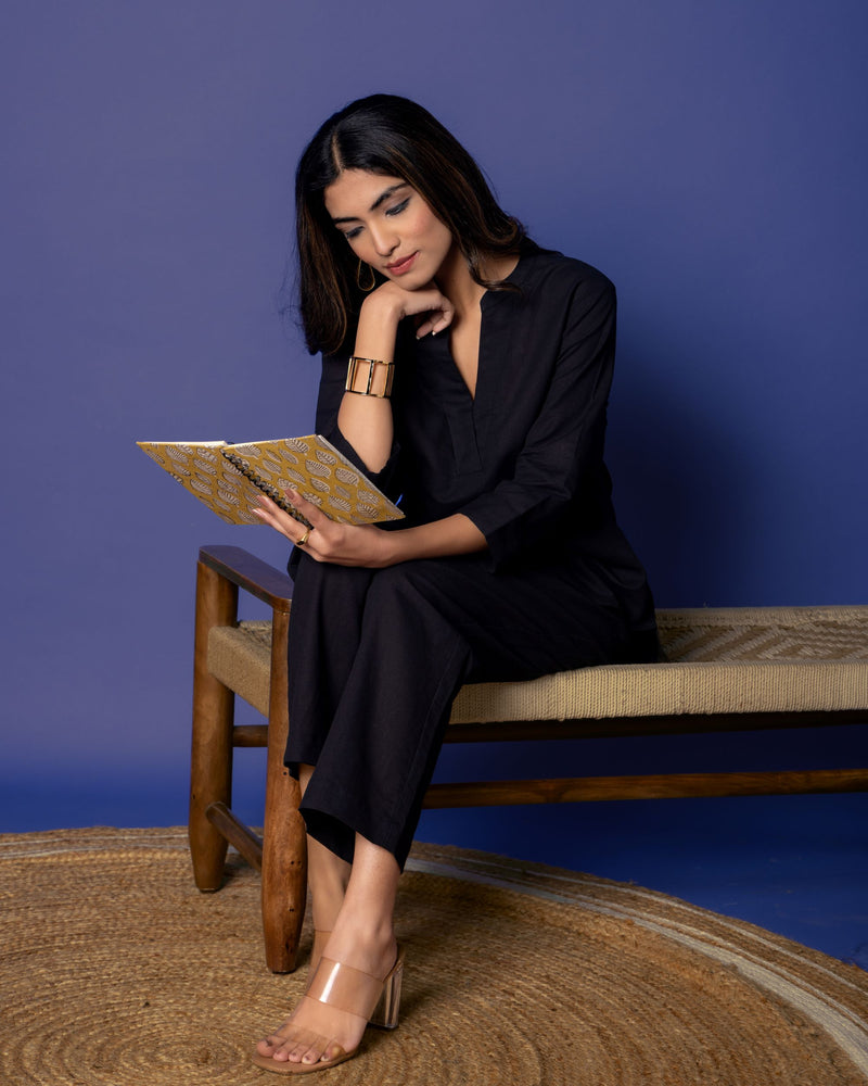 Black Cotton Linen Collar Co-Ord Set For Women's