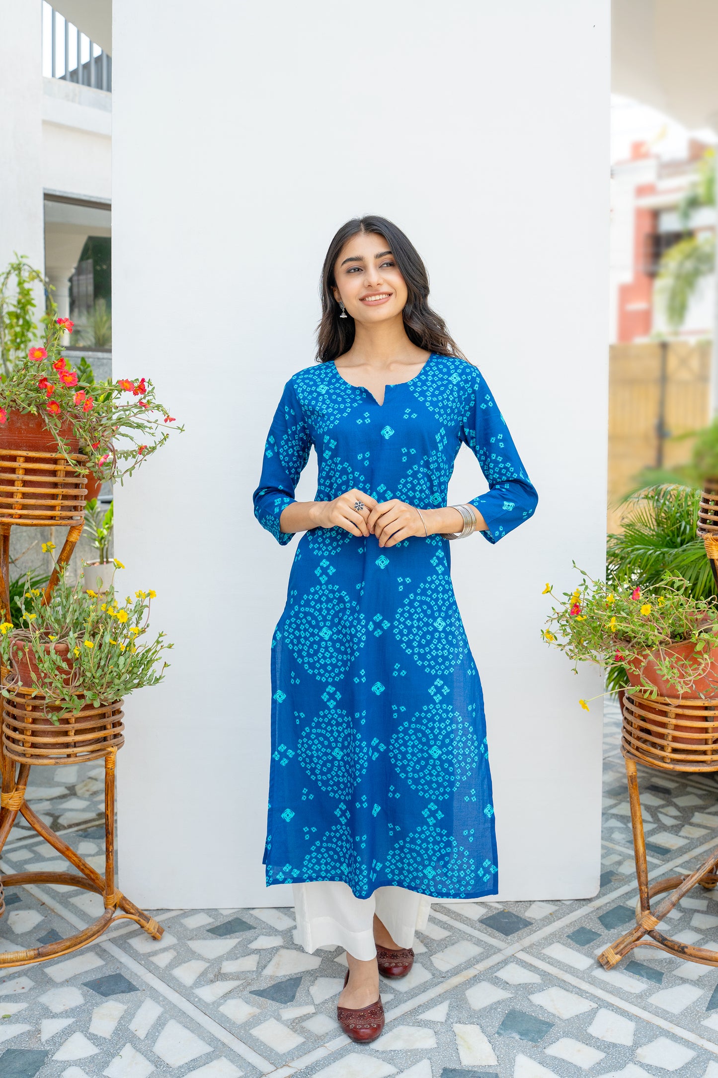 Blue Cotton Bandhani Printed Kurta For Women's