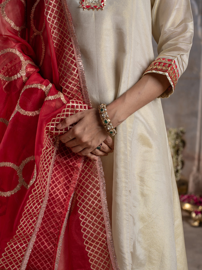 GOLD & RED TISSU SHIMMER COLLAR NECK ALL OVER WITH  GOTA WORK DUPATTA FULL SET