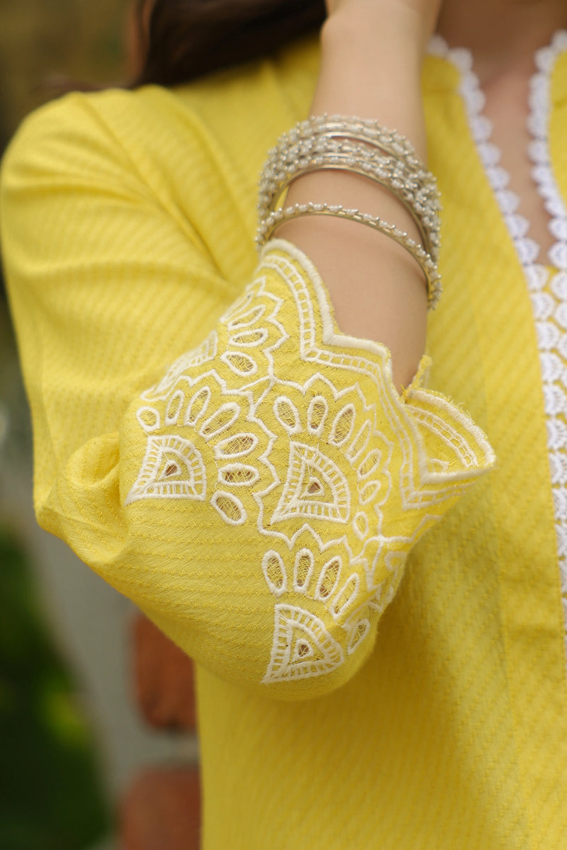 Lemon Yellow Kurta Cotton Dobby-Pant Cotton - With Kota Doriya Dupatta