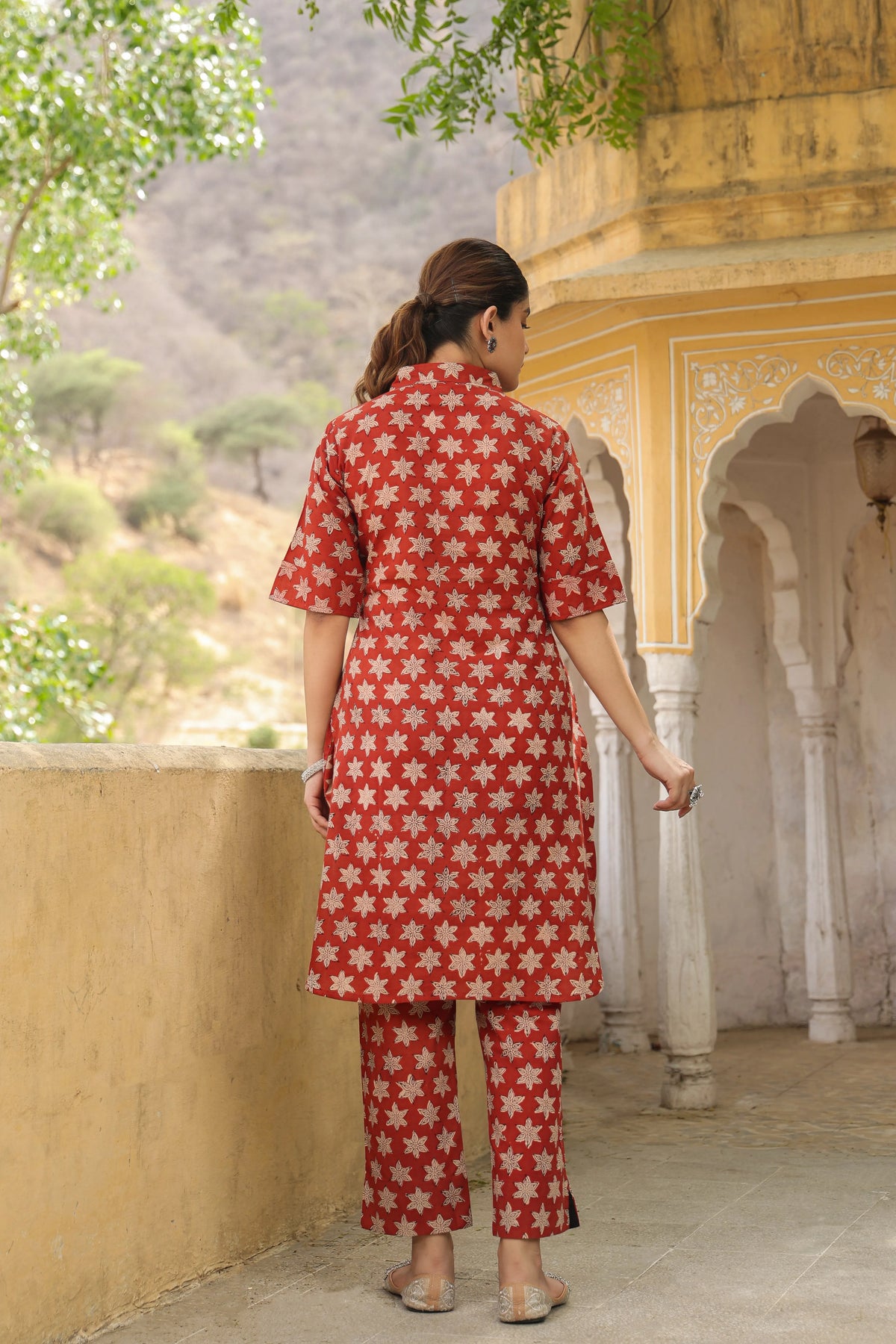 MAROON COTTON COLLOR NECK BAGRU HANDBLOCK PRINT CO-ORD SET