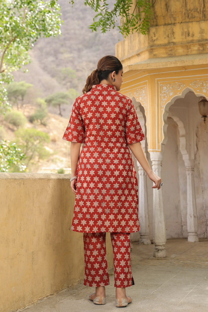 MAROON COTTON COLLOR NECK BAGRU HANDBLOCK PRINT CO-ORD SET
