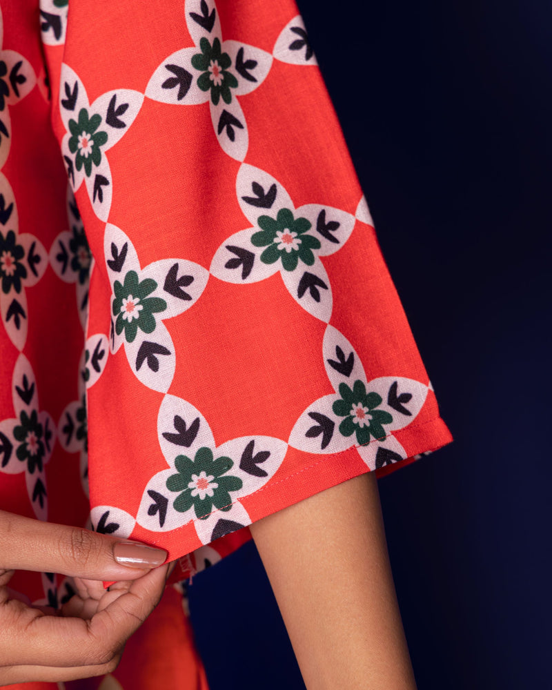 Multicolored Linen Blend Collar Abstract Print Co-Ord Set For Women's