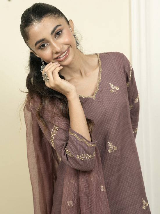 Wine Kota Doria Complete Suit Set