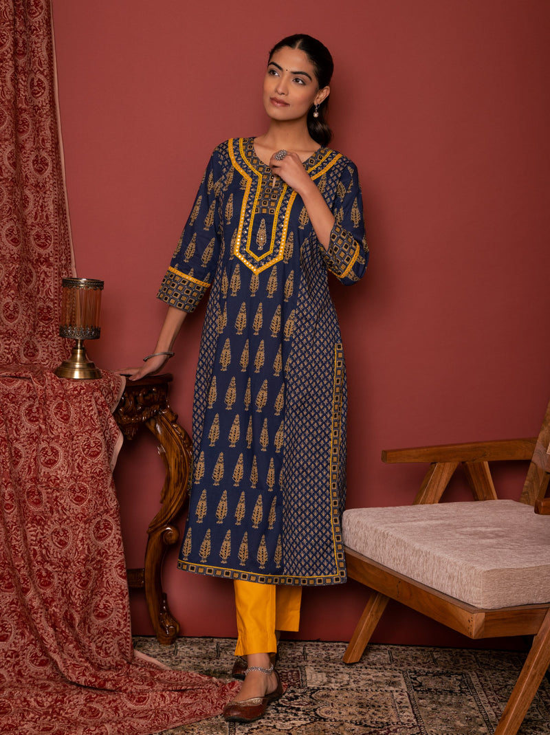 Indigo Cotton Booti Printed Kurta For Women's