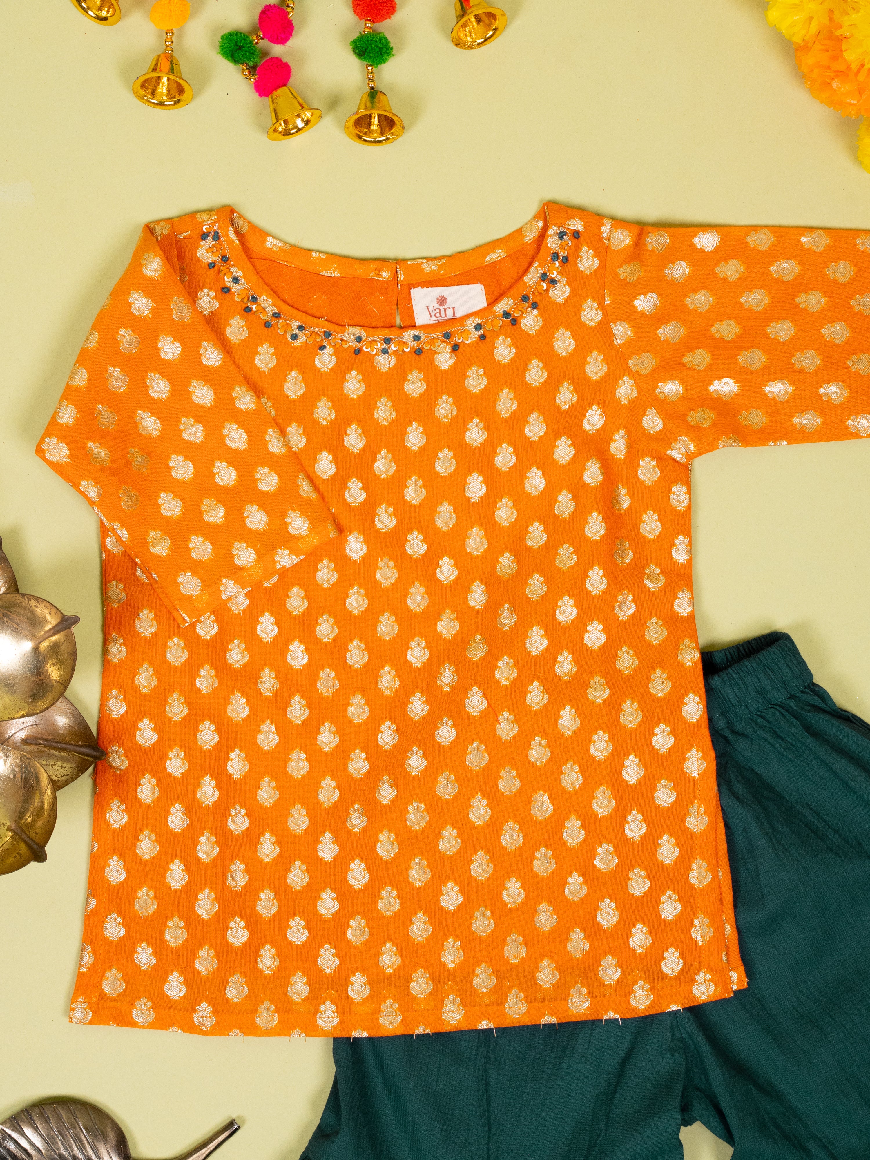 Orange Banarasi Chanderi Kurta Shrara Dupatta Set For Girls