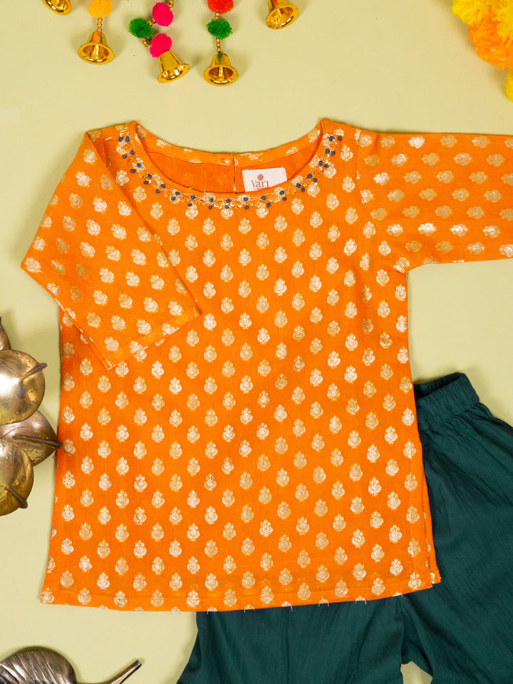 Orange Banarasi Chanderi Kurta Shrara Dupatta Set For Girls