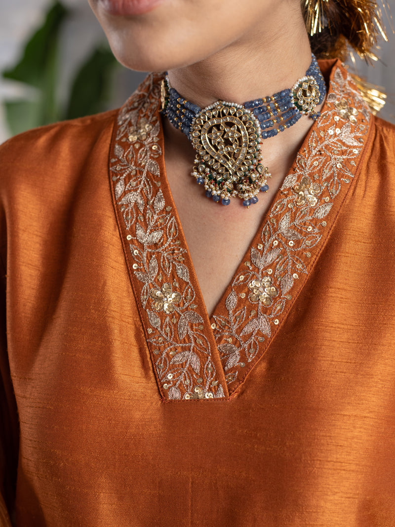 GOLD BROWN LINEN STIN HAND ZARI WORK  WITH SEQUENCE ON NECKLINE WITH DUPATTA FULL SET