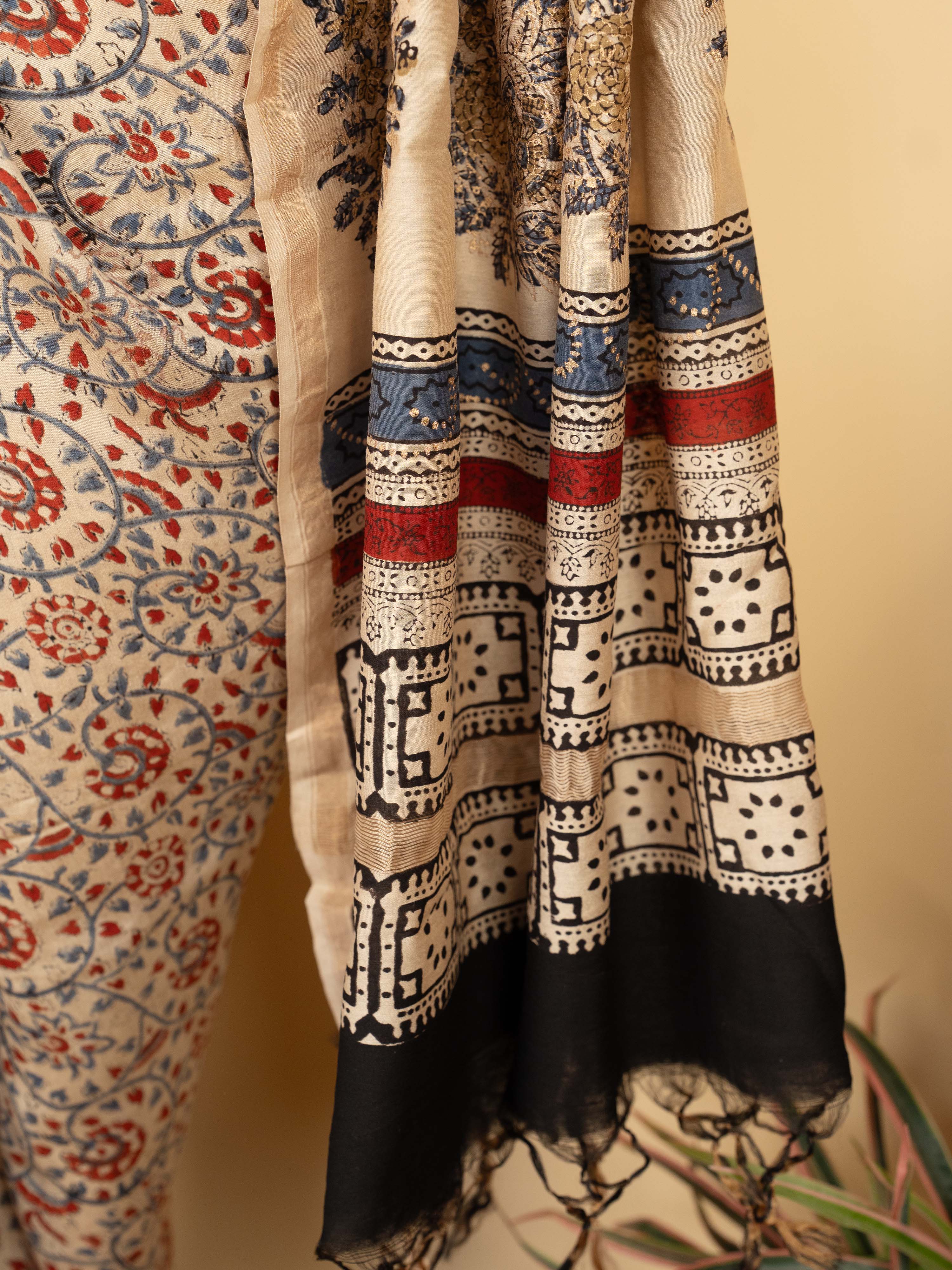 Beige Chanderi Block Printed Saree