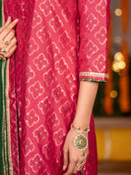 Magenta Pink Banarasi Silk Round With V-Neck Complete Suit Set For Women's