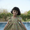 Green Cotton Printed Dress For Girls
