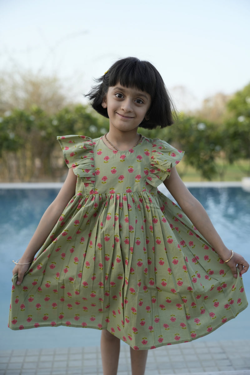 Green Cotton Printed Dress For Girls