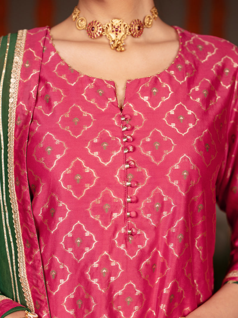 Magenta Pink Banarasi Silk Round With V-Neck Complete Suit Set For Women's