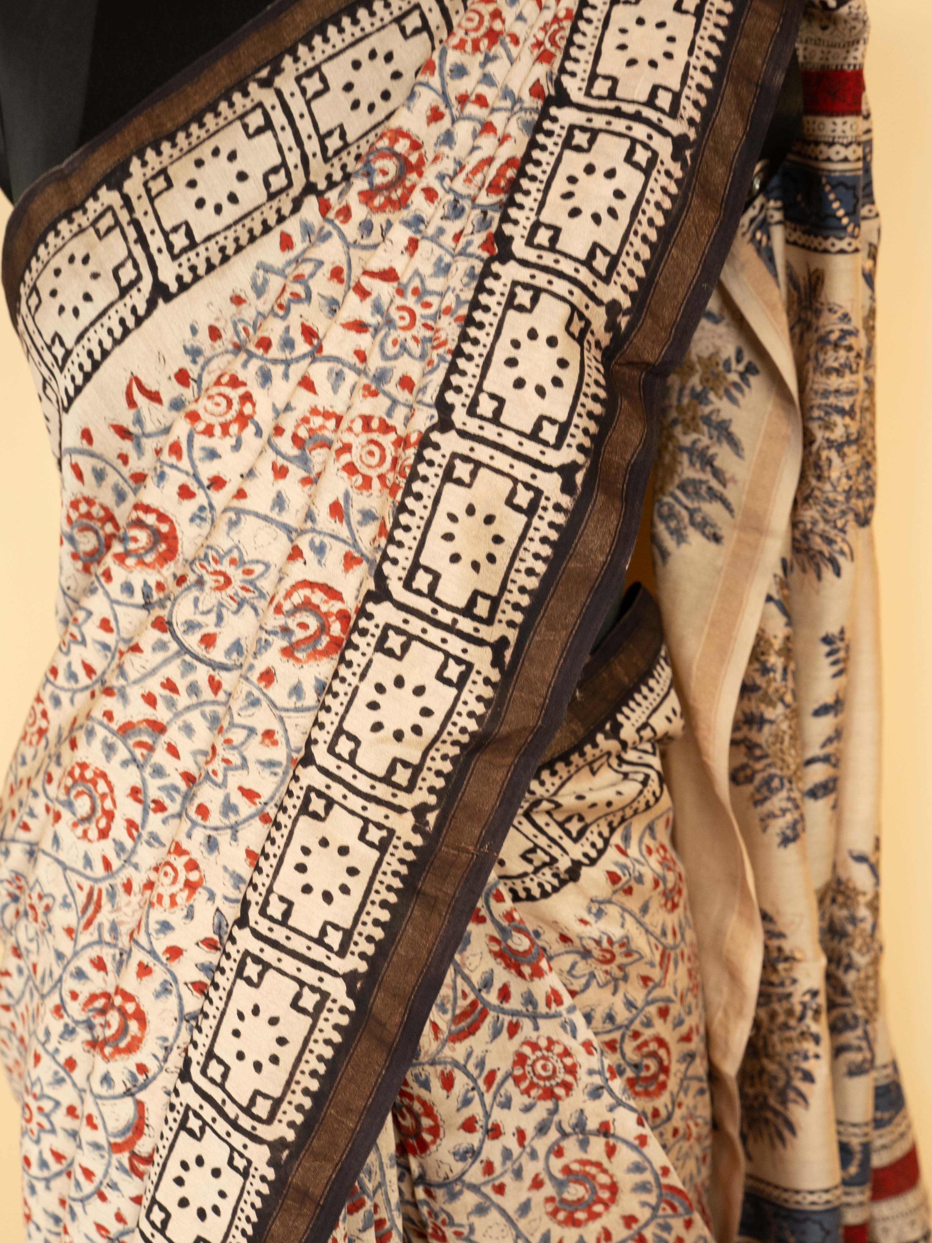 Beige Chanderi Block Printed Saree