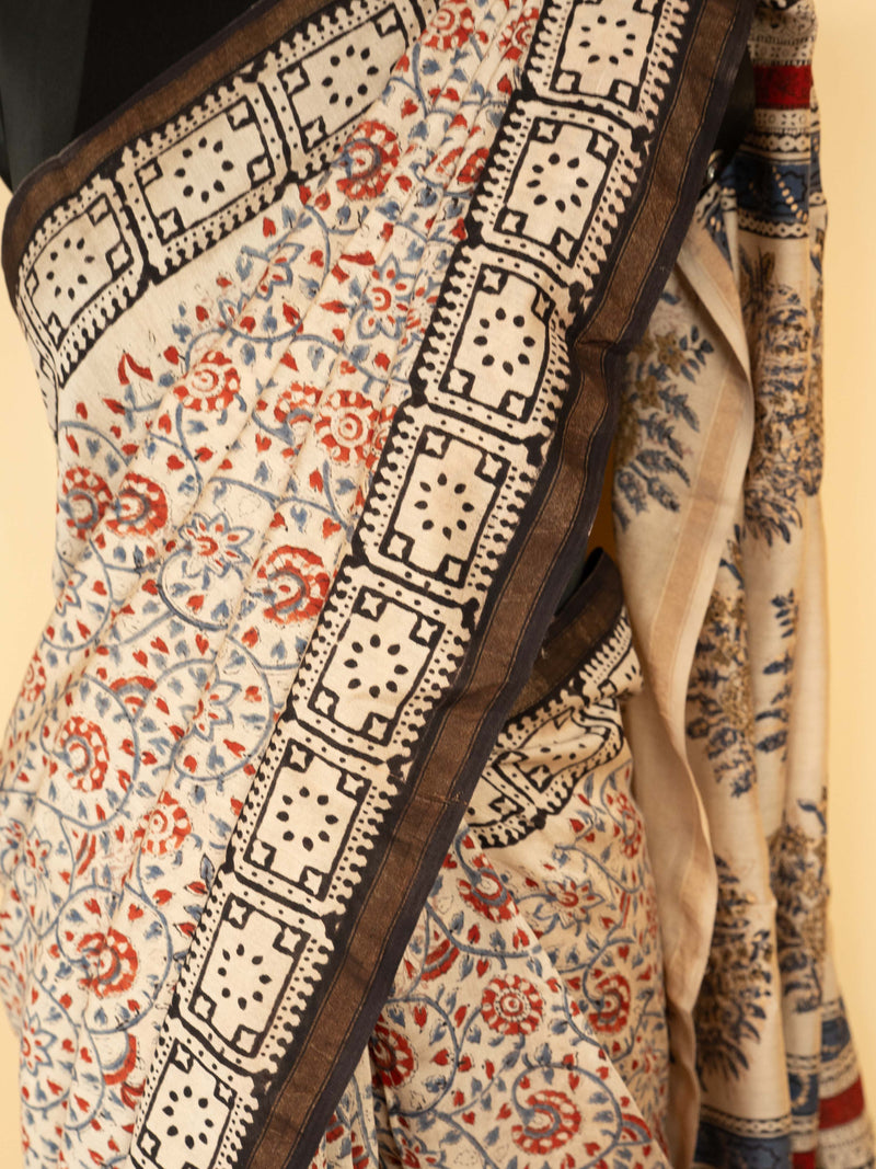 Beige Chanderi Block Printed Saree