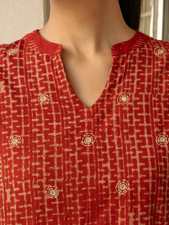 Red Colour Cotton Round with V-Neck HandBlock Print With Natural Dyes Kurta For Women's