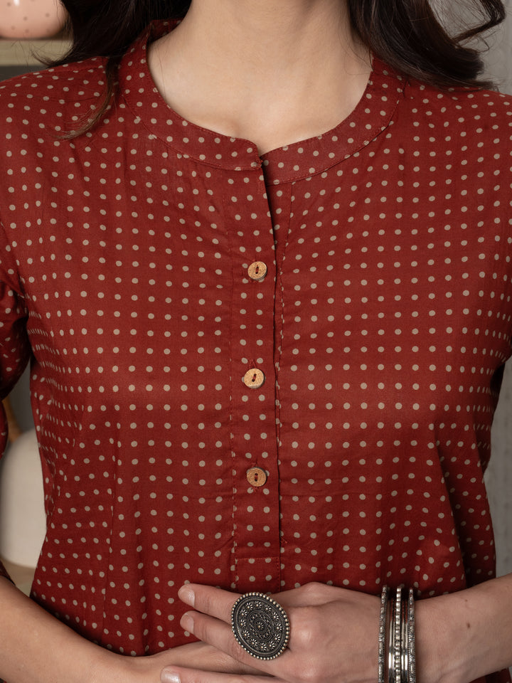 Rust -cotton-Round With Collar neck-printed-kurta-for-womens