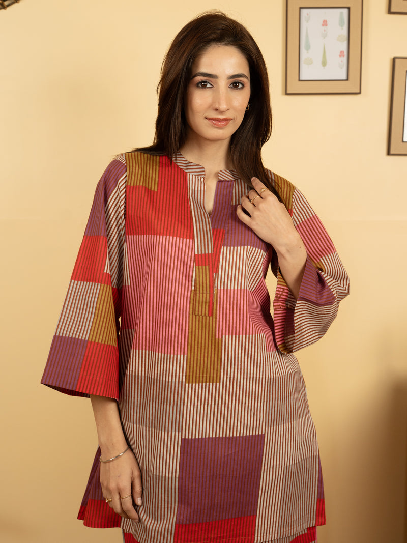 Multicolor Cotton Round With V Neck Striped Print Lounge Wear
