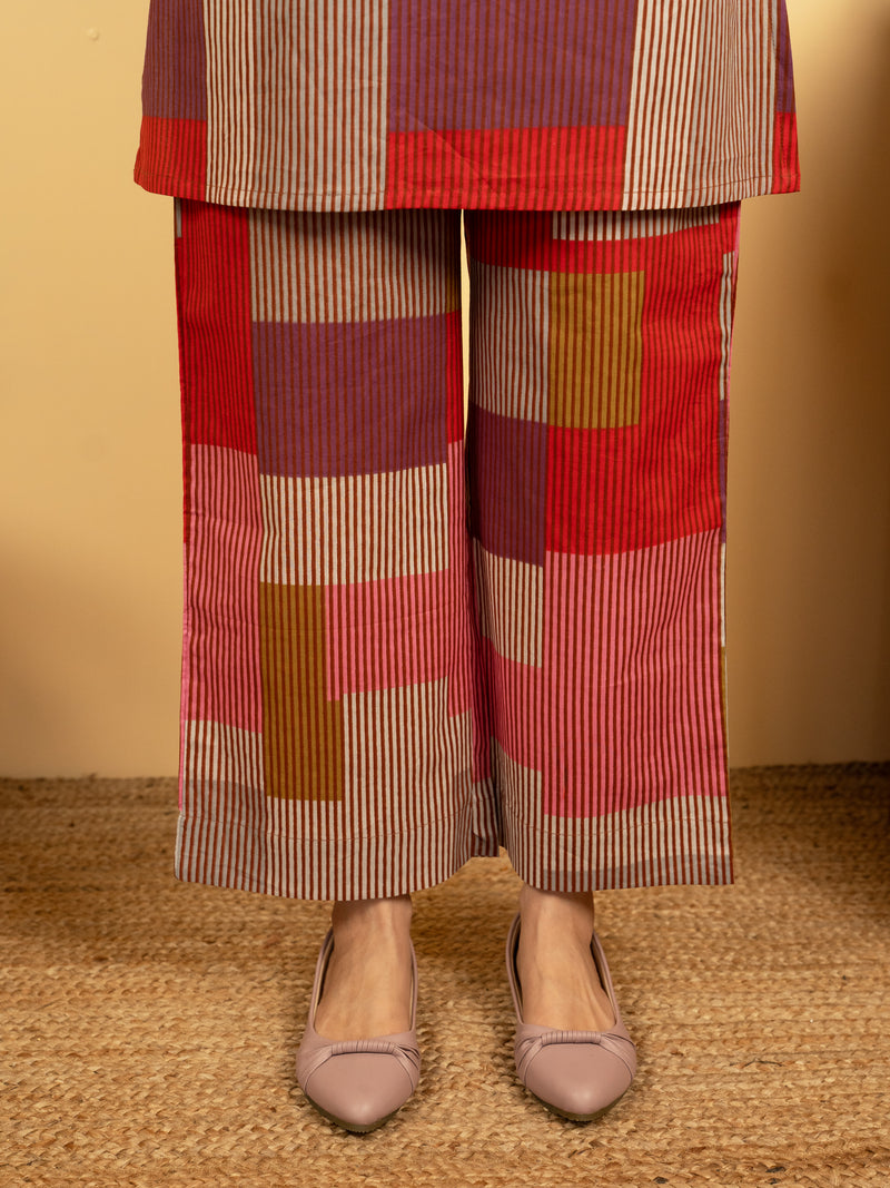 Multicolor Cotton Round With V Neck Striped Print Lounge Wear