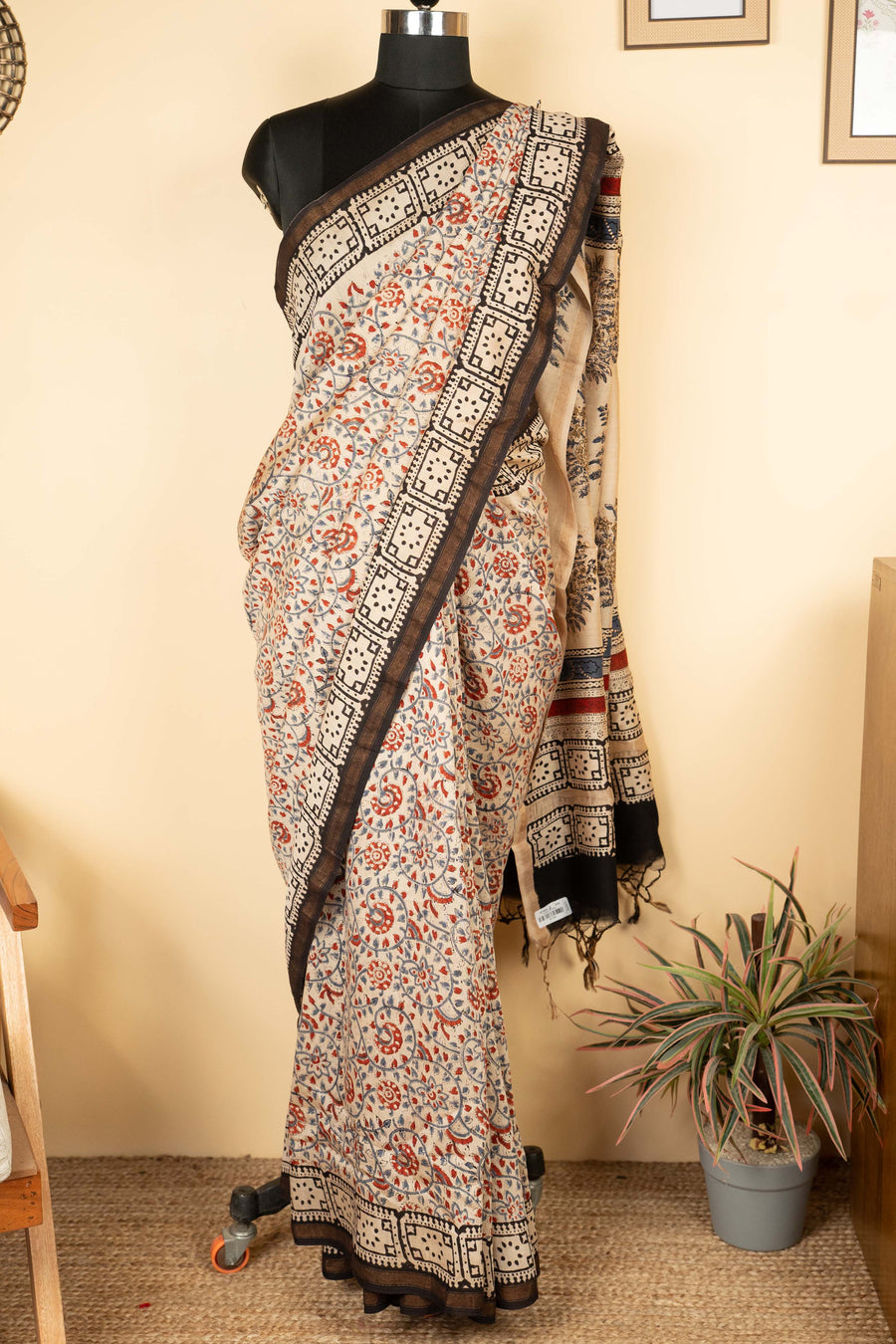Beige Chanderi Block Printed Saree