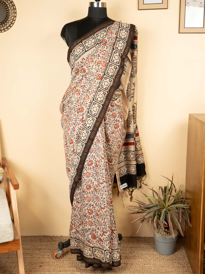Beige Chanderi Block Printed Saree