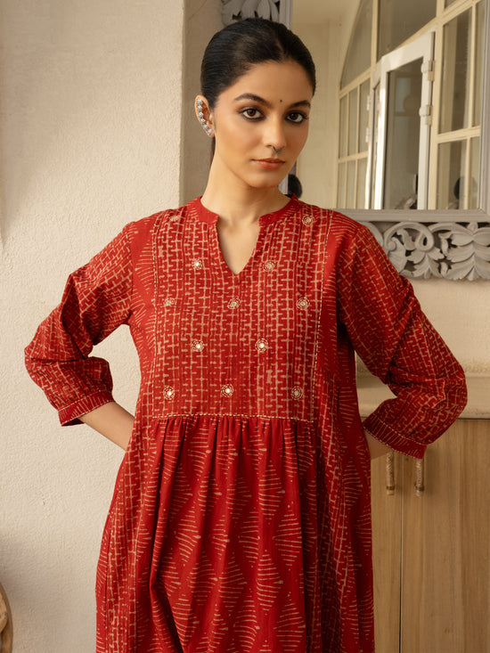 Red Colour Cotton Round with V-Neck HandBlock Print With Natural Dyes Kurta For Women's