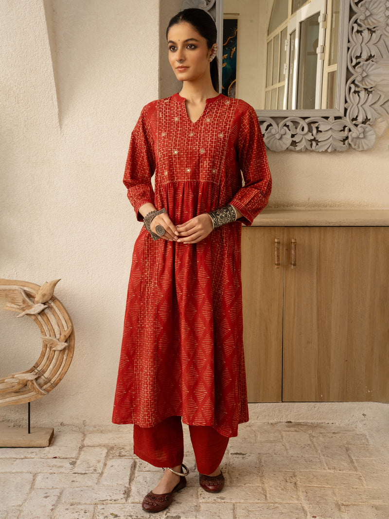 Red Colour Cotton Round with V-Neck HandBlock Print With Natural Dyes Kurta For Women's