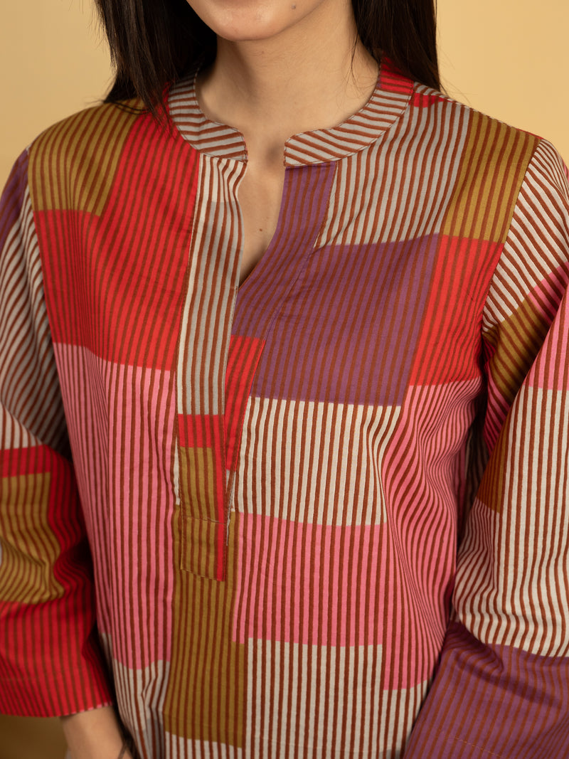 Multicolor Cotton Round With V Neck Striped Print Lounge Wear