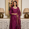 Wine Tussar Silk Handblock Print Round Neck Complete Suit Set For Women's